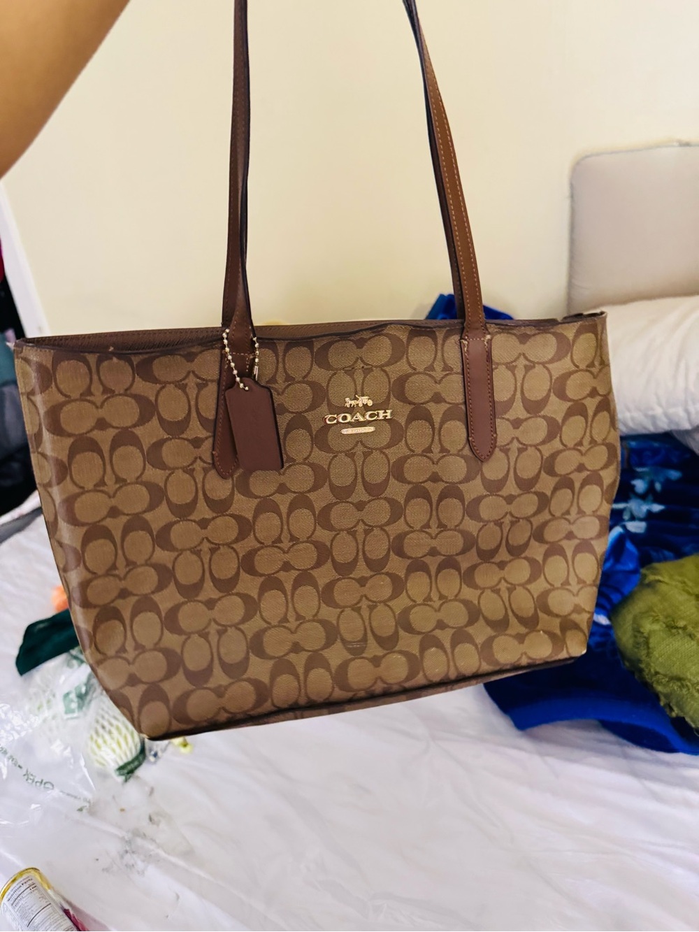 Coach Brown Signature Canvas Tote with Leather Trim